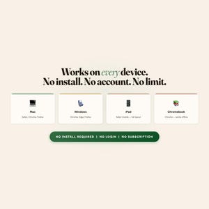 Peut inclure: Une interface num&eacute;rique avec le texte Works on every device. No install. No account. No limit. Quatre rectangles blancs pr&eacute;sentent des ic&ocirc;nes pour Mac, Windows, iPad et Chromebook avec les navigateurs compatibles. Un bouton vert indique NO INSTALL REQUIRED | NO LOGIN | NO SUBSCRIPTION.