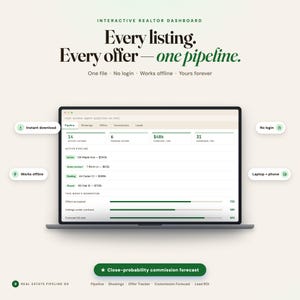 May include: An interactive realtor dashboard displayed on a laptop screen, featuring the text Every listing. Every offer&mdash;one pipeline. The interface shows active listings, pending offers, commission forecasts, and showing metrics with progress bars.
