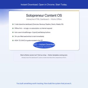 May include: An advertisement for "Solopreneur Content OS," an interactive HTML dashboard. The white background features a blue header and a list of features, including offline access and auto-save functionality. The price is &pound;17.50.