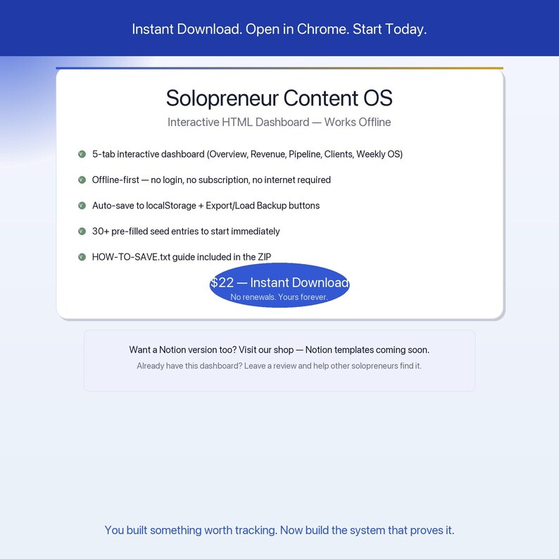 May include: An advertisement for "Solopreneur Content OS," an interactive HTML dashboard. The white background features a blue header and a list of features, including offline access and auto-save functionality. The price is &pound;17.50.