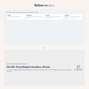 May include: A comparison graphic titled "Before vs after." The "Before" section shows career tracking scattered across apps. The "After" section highlights "One file. Everything in one place, all year." Text includes "47 wins logged, ready for review season."