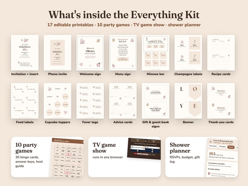 Everything included in the Love Is Brewing bridal shower Everything Kit