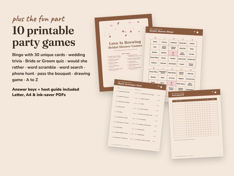 Love Is Brewing bridal shower party games with answer keys