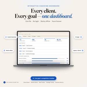 Pu&ograve; includere: Una dashboard di coaching interattiva visualizzata sullo schermo di un portatile. L'interfaccia mostra elenchi di clienti, tassi di obiettivo, conteggio delle sessioni e metriche di ricavo. Il testo include "Every client. Every goal&mdash;one dashboard."