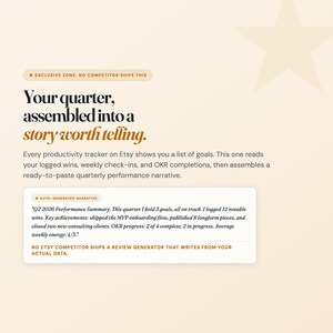 Pu&ograve; includere: Un grafico di monitoraggio della produttivit&agrave; digitale su sfondo crema con una grande stella. Il testo recita: Your quarter, assembled into a story worth telling. Include una casella di narrazione generata automaticamente che riassume gli obiettivi del T2 2026.