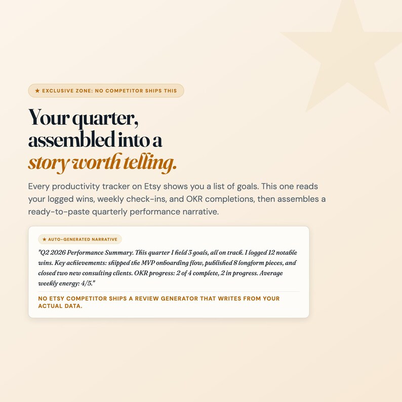 Pu&ograve; includere: Un grafico di monitoraggio della produttivit&agrave; digitale su sfondo crema con una grande stella. Il testo recita: Your quarter, assembled into a story worth telling. Include una casella di narrazione generata automaticamente che riassume gli obiettivi del T2 2026.