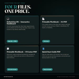 May include: A digital product listing titled FOUR FILES. ONE PRICE. featuring four dark rectangular cards. The cards describe an Esthetician OS interactive dashboard, an A4 printable workbook, a US Letter printable workbook, and a Quick Start Guide PDF.