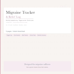 May include: A digital download titled "Migraine Tracker & Relief Log." The document includes sections for a monthly headache log, trigger journal, and doctor prep. It is a 5-page instant download, designed for migraine sufferers.