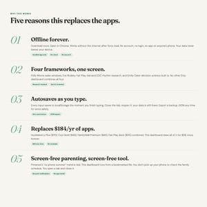 Op de afbeelding: Een webpaginalay-out met de kop "Vijf redenen waarom dit de apps vervangt". De tekst benadrukt functies zoals offline toegang, meerdere frameworks, automatisch opslaan en kostenbesparingen. De lay-out is strak met een lichte achtergrond en donkere tekst.
