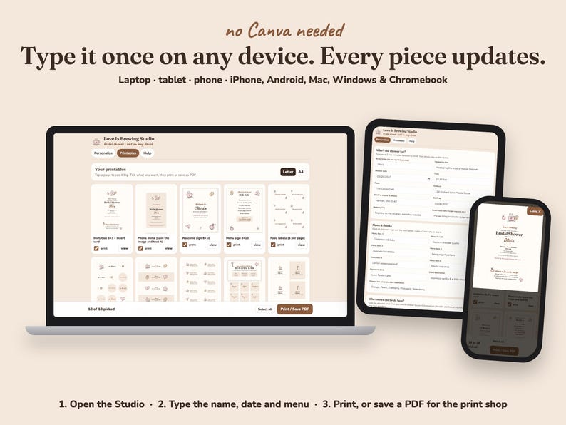 Editing the Love Is Brewing bridal shower printables on a laptop, tablet or phone