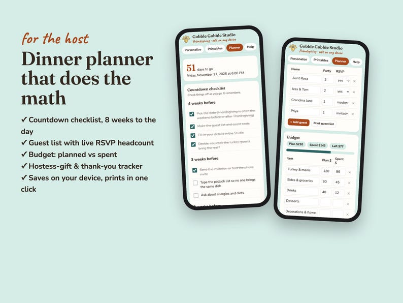 Gobble Gobble friendsgiving planner with checklist, RSVPs, budget and gift log