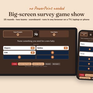 Little Pumpkin baby shower big-screen game show on a TV