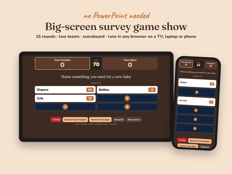 Little Pumpkin baby shower big-screen game show on a TV
