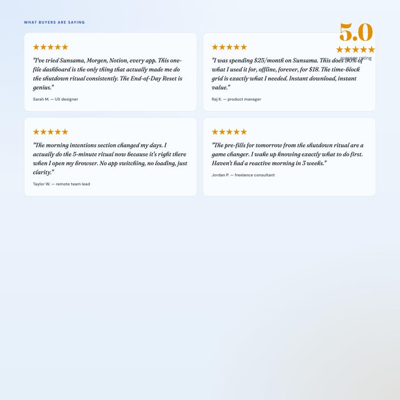 May include: Image features customer testimonials with a 5-star rating. The text includes quotes about a product's effectiveness, ease of use, and positive impact on daily routines. The design is clean with a light blue background.
