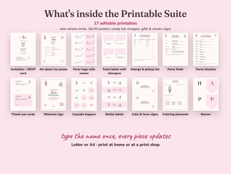 Everything included in the Heres The Scoop kids birthday party Printable Suite