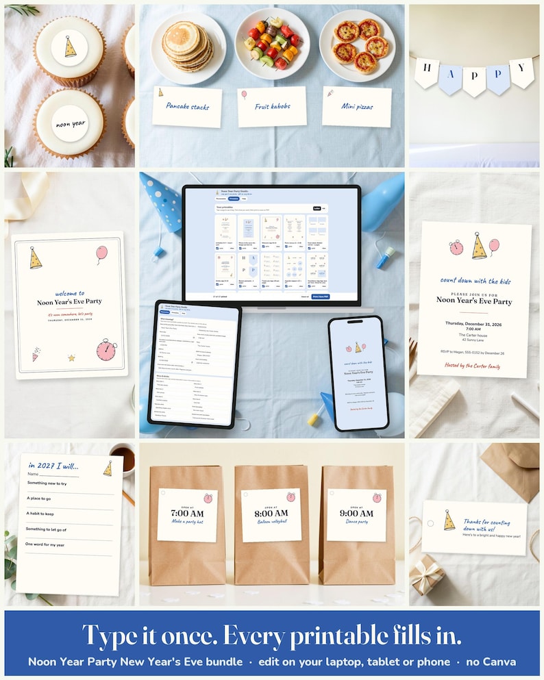 Noon Year Party New Year's Eve Party Printable Suite: edit on a laptop, tablet or phone, every printable fills in