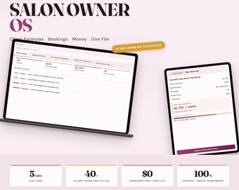 Salon Business Dashboard, Client Formulas, Bookings, Income Tracker (Browser File)