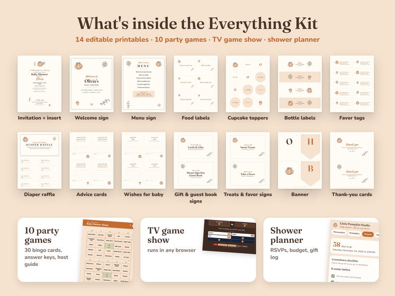 Everything included in the Little Pumpkin baby shower Everything Kit