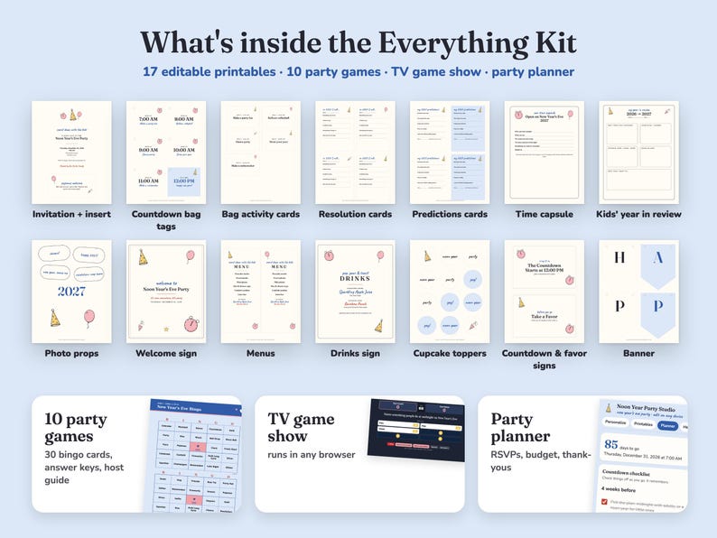 Everything included in the Noon Year Party new year s eve party Everything Kit