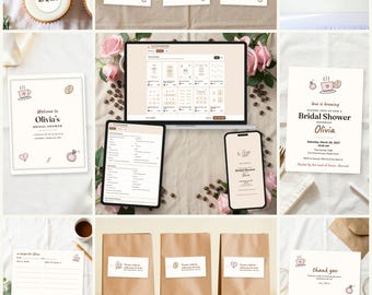 May include: A bridal shower printable bundle featuring a Love Is Brewing theme with coffee-inspired graphics. Includes signs, recipe cards, thank you notes, and favor bag labels displayed on a laptop, tablet, phone, and printed paper stationery.