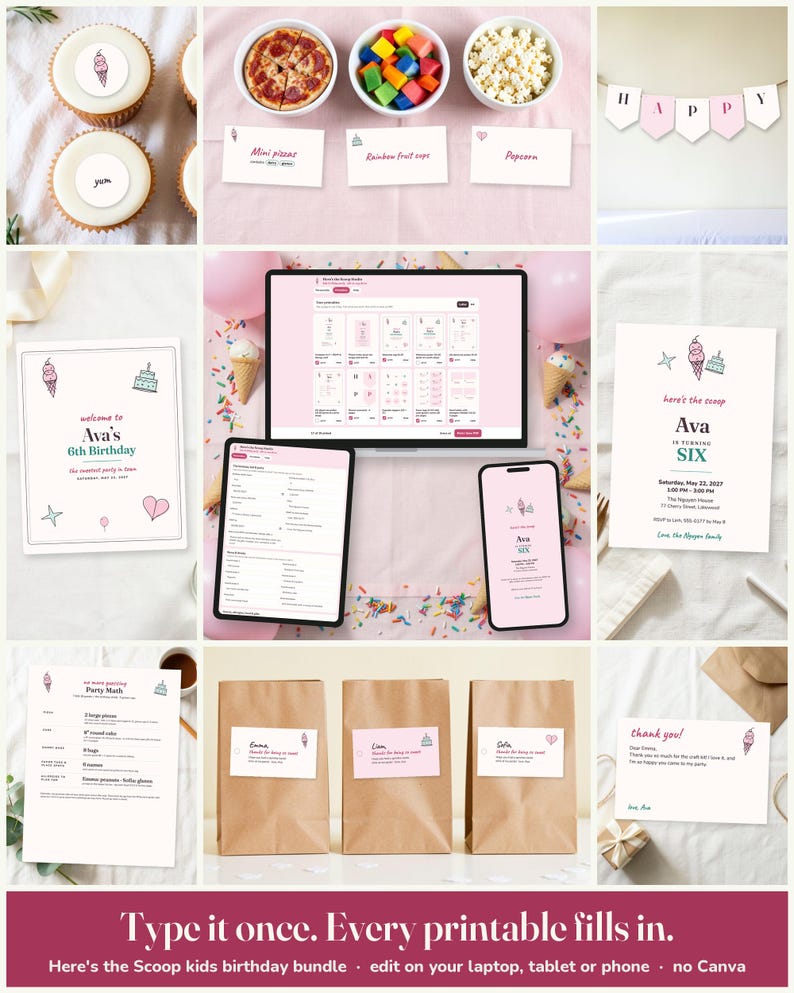 Heres The Scoop Kids Birthday Party Printable Suite: edit on a laptop, tablet or phone, every printable fills in