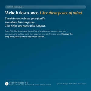 End of life planner instant download, one HTML file with seven tabs that runs in any browser