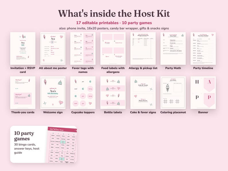 Everything included in the Heres The Scoop kids birthday party Host Kit