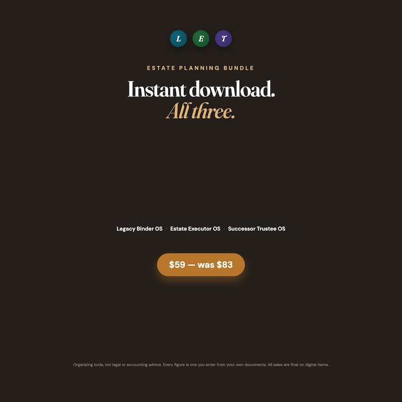 Estate planning bundle instant download: three dashboards, Legacy Binder, Executor, Trustee, $59