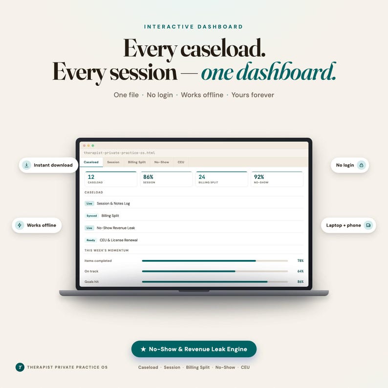 Therapist private practice dashboard hero with caseload and billing tabs
