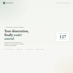 May include: Digital download interface with the text "Your dissertation, finally under control." Features include interactive tabs, offline access, and a defense countdown of 127 days. The design is clean with a light green and white color scheme.