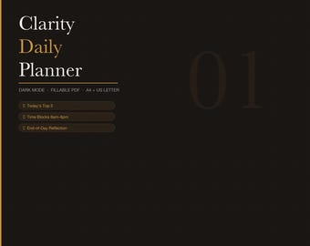 Dark Mode Daily Planner, Productivity Schedule, Fillable PDF, Time Blocking (A4/US Letter)