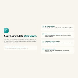 Your cleaning schedule data stays on your device: offline dashboard, JSON backup, no login, no cloud upload