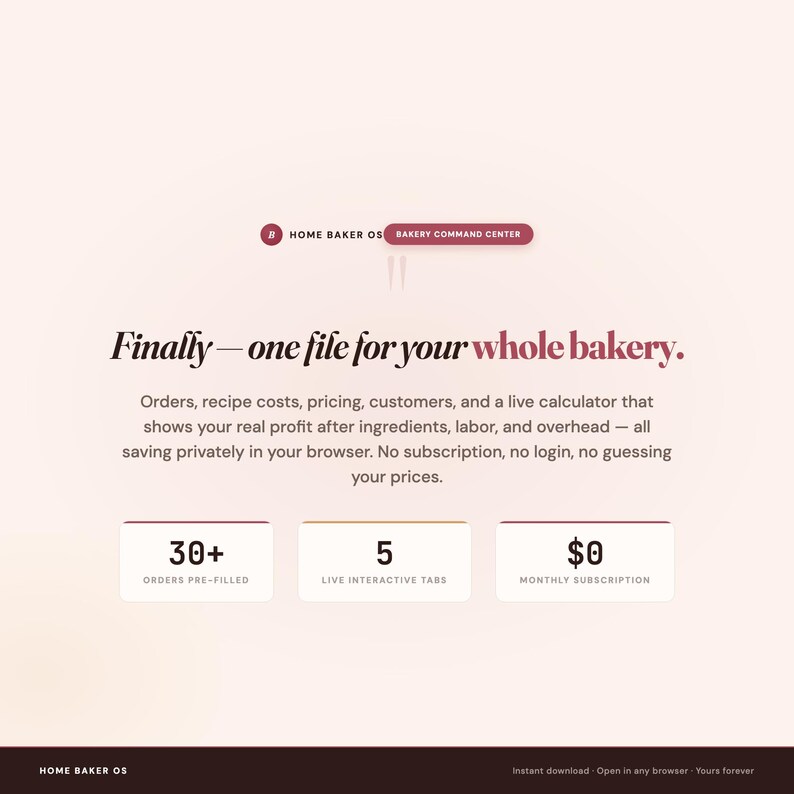 May include: A digital dashboard titled Home Baker OS and Bakery Command Center. The text reads: Finally&mdash;one file for your whole bakery. It includes features for orders, recipe costs, pricing, customers, and a live profit calculator with 30+ orders pre-filled, 5 live interactive tabs, and $0 monthly subscription.