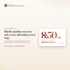 K&ouml;nnte beinhalten: Ein Webseiten-Layout mit Text und Grafiken zum Thema Marathon-Tempo. Der Text lautet: "Triff die Zahl auf jeder Meile, jeder Hilfsstation, jedem Schritt." Eine Grafik zeigt "8:30/mi" mit einer gesch&auml;tzten Zielzeit und einem Fortschrittsbalken.