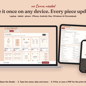 Editing the Harvest Gingham friendsgiving printables on a laptop, tablet or phone