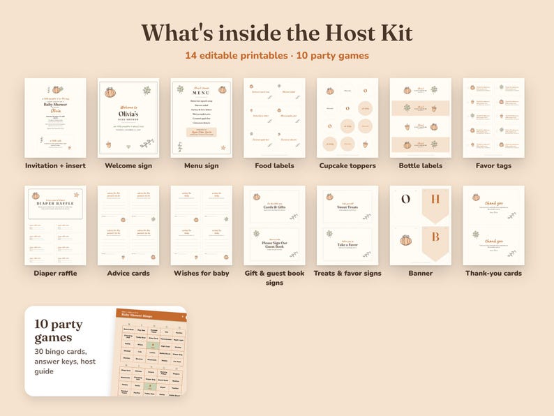 Everything included in the Little Pumpkin baby shower Host Kit