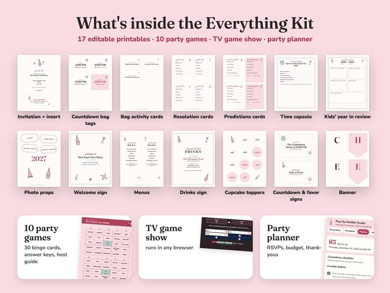 Everything included in the Pop The Bubbly new year s eve party Everything Kit