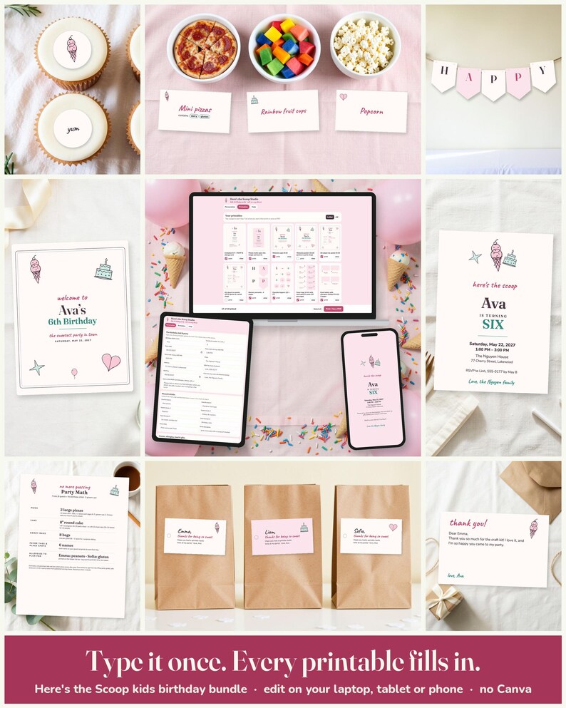 Heres The Scoop Kids Birthday Party Host Kit: edit on a laptop, tablet or phone, every printable fills in
