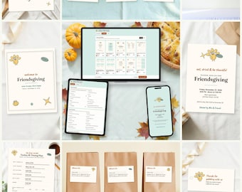 May include: A digital Friendsgiving party planning bundle featuring printable place cards, food labels, a Gobble banner, invitations, a turkey timing plan, and leftover bags, all displayed on screens and paper with turkey and star illustrations.