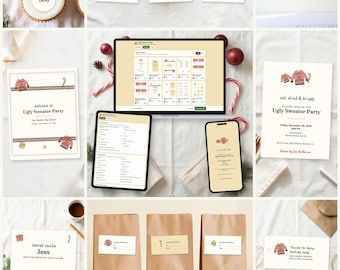 May include: A digital printable party bundle for an ugly sweater theme, featuring editable templates for invitations, food labels, gift tags, and banners. The set includes graphics of sweaters, ornaments, and stars, with text such as Ugly Sweater Party.