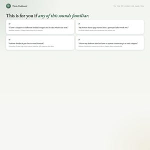 May include: A digital dashboard with the text "Thesis Dashboard" at the top. The text "This is for you if any of this sounds familiar" is displayed below. Four bullet points with text are displayed in white boxes.