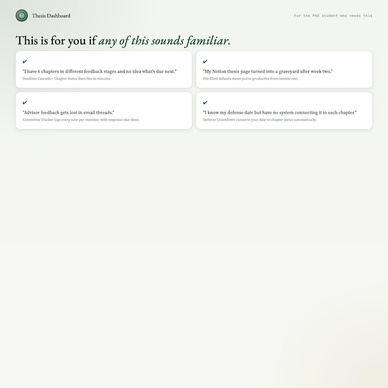 May include: A digital dashboard with the text "Thesis Dashboard" at the top. The text "This is for you if any of this sounds familiar" is displayed below. Four bullet points with text are displayed in white boxes.
