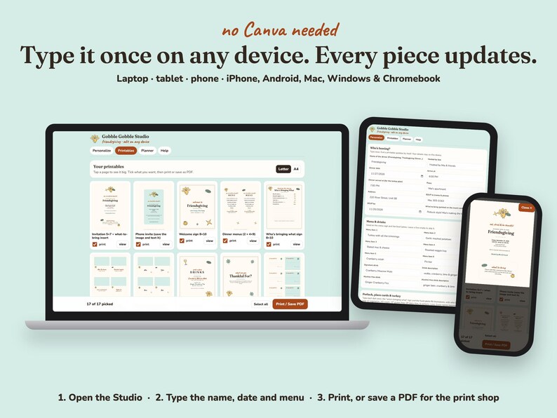 Editing the Gobble Gobble friendsgiving printables on a laptop, tablet or phone