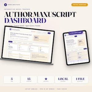 Op de afbeelding: Een digitaal Author Manuscript Dashboard weergegeven op een laptop en tablet. Het dashboard beschikt over voortgangsregistratie, hoofdstukborden en agent query tracking. Tekst bevat "Schrijf het boek. Volg de streak. Stuur de query."