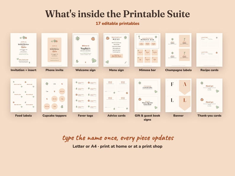 Everything included in the Fall In Love bridal shower Printable Suite