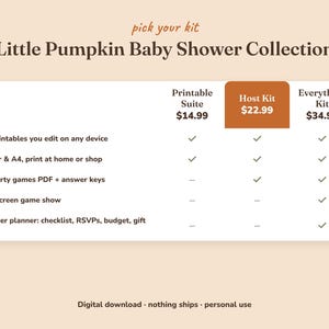 Comparison of the three Little Pumpkin baby shower kits