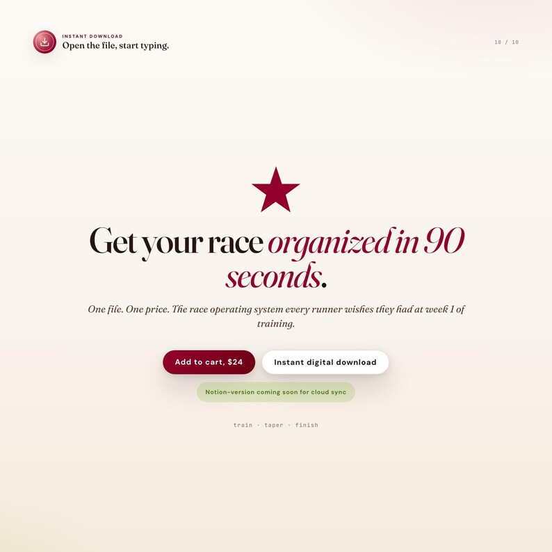K&ouml;nnte beinhalten: Ein Webdesign mit dem Text &bdquo;Organisieren Sie Ihr Rennen in 90 Sekunden&ldquo;. Die Seite enth&auml;lt eine Stern-Grafik, Schaltfl&auml;chen f&uuml;r &bdquo;In den Warenkorb&ldquo; und &bdquo;Sofortiger digitaler Download&ldquo; sowie den Text &bdquo;Datei &ouml;ffnen, mit dem Tippen beginnen&ldquo;.