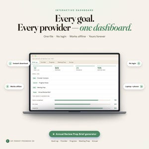 May include: An interactive dashboard interface displayed on a laptop screen with the text Every goal. Every provider—one dashboard. Features include an instant download, no login, works offline, and laptop plus phone compatibility with progress bars.