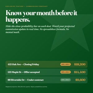 May include: A dark green digital interface graphic featuring the text: Exclusive Feature - Commission Forecast. Know your month before it happens. Slide the close-probability bar on each deal. Watch your projected commission update in real time.