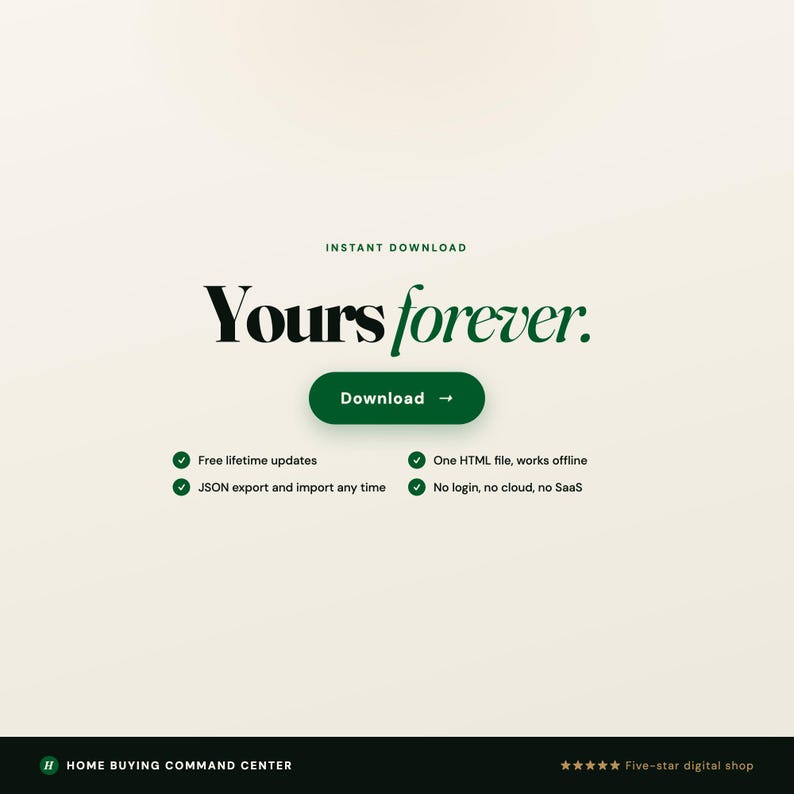 May include: A digital product advertisement with the text "Yours forever." in a stylish font. A green button reads "Download" with a right arrow. Additional text highlights features like free lifetime updates and offline functionality.